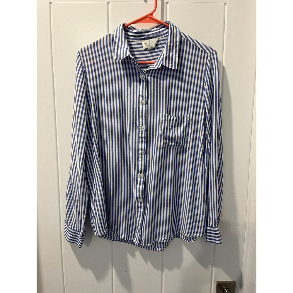 Anthropologie Jun & Ivy Button Up Top Size M Oversized Blue Strip Long Sleeve